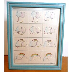VTG Framed Signed E. Halsey Transformations Art Balloons to Rainbow Clouds 1982